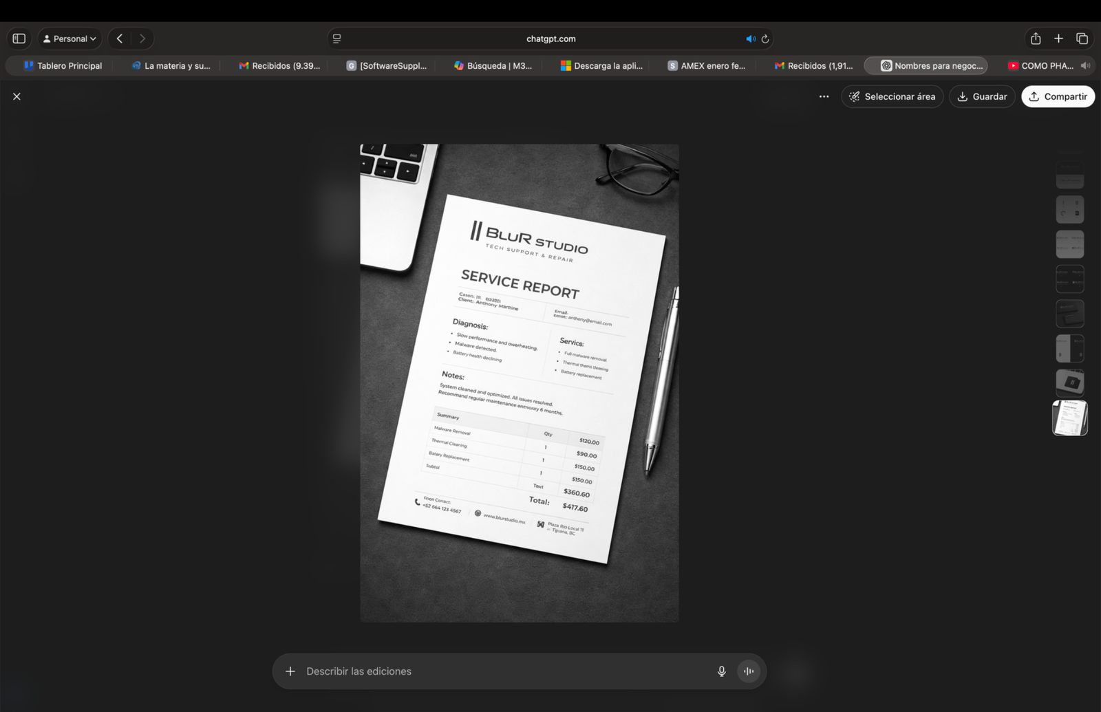 Ejemplo de service report BluR Studio